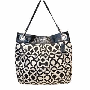 Coach Signature Shoulder Bag – Black & Beige with Silver Hardware